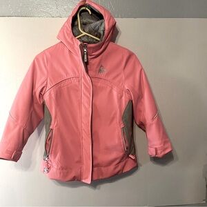 Gerry pink winter jacket size 7/8 with attached hood, zipper, Velcro closures.